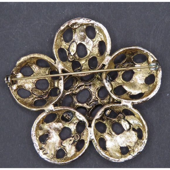 Vintage Brooch Pin Large Flower Brass Metal with Holes Hand Crafted, Brand Joy - Picture 2 of 4